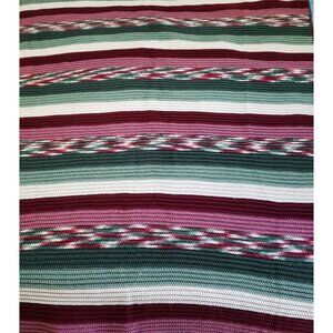 Crochet Blanket Throw Afghan Green Red White Pink  72 x 116 Inches EUC Handmade